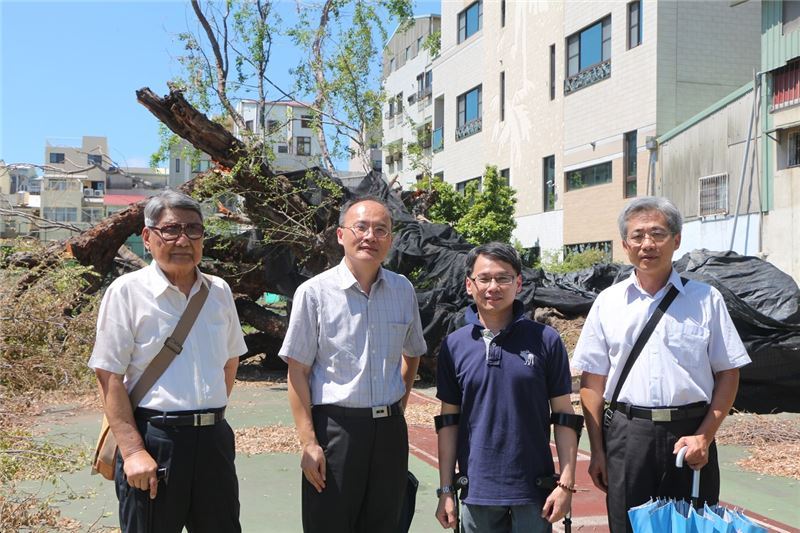 與會專家等於金龜樹前合影,左起受難者前輩郭振純、台南女中校長鄭文儀、人權館籌備處主任王逸群、樹保專家張東柱